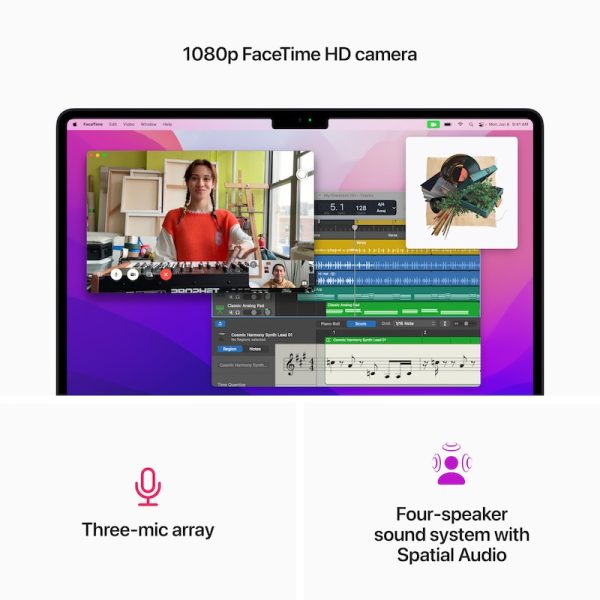1080 facetime hd camera with three-mic array and four-speaker sound system with spatial audio