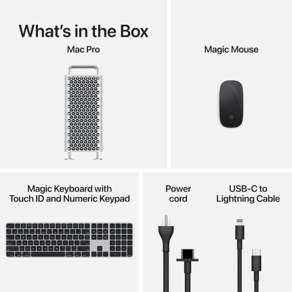 power cord, magic mouse, wireless keyboard, and mac pro all in one box