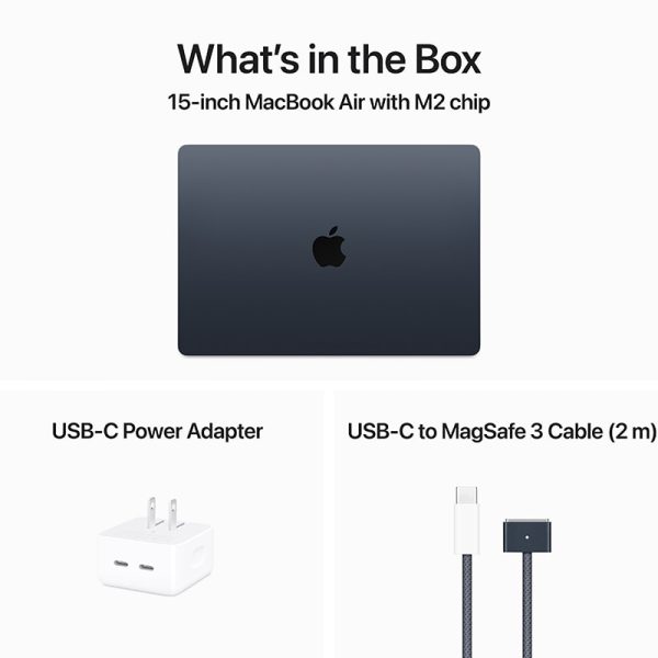 usb c power adaptor, usb c to magsafe 3 cable, and 15-inch macbook air with m2 chip