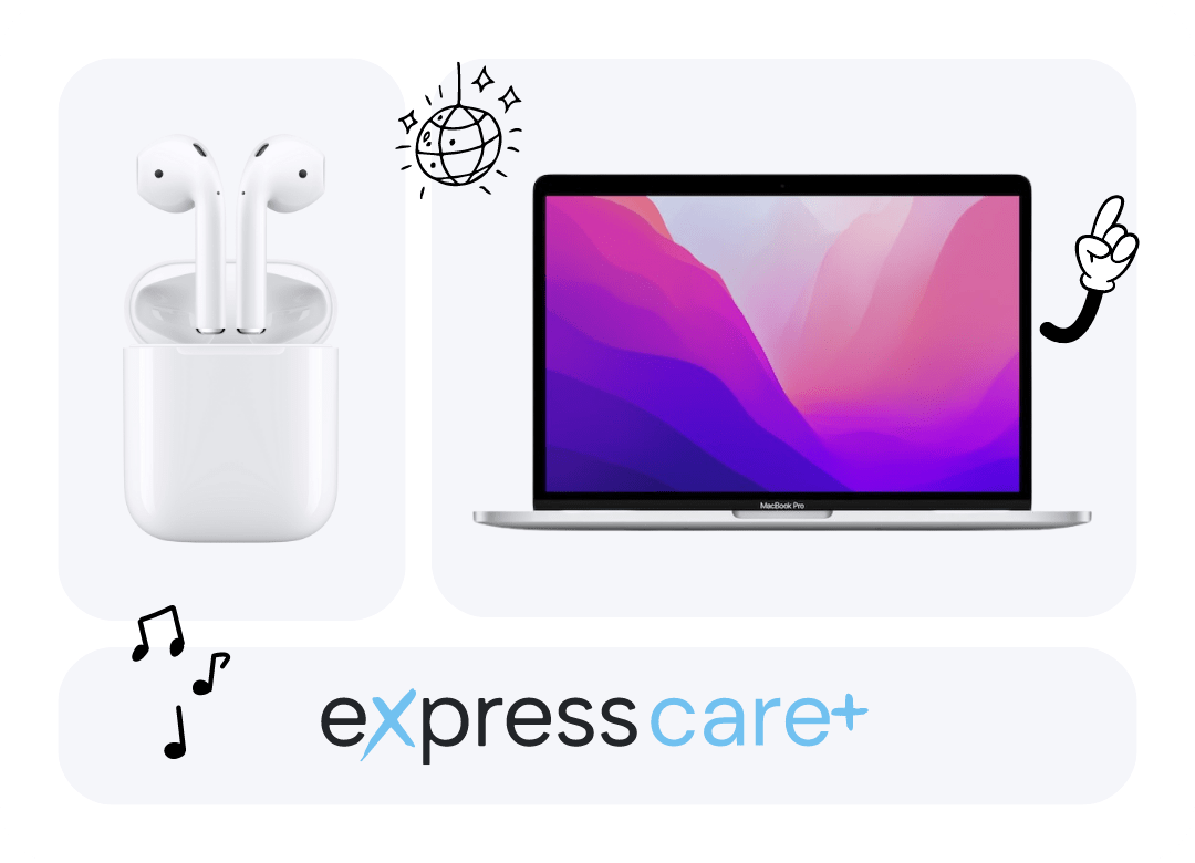 macbook and airpods backed by expresscare+