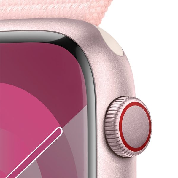 close-up of the dial on the light pink Apple Watch Series 9
